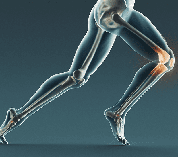 Transparent leg with highlighted knee joint.