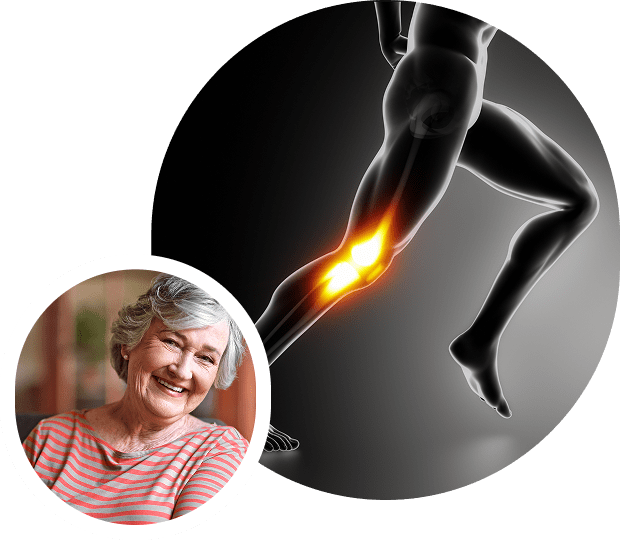 Elderly woman and glowing knee joint illustration.