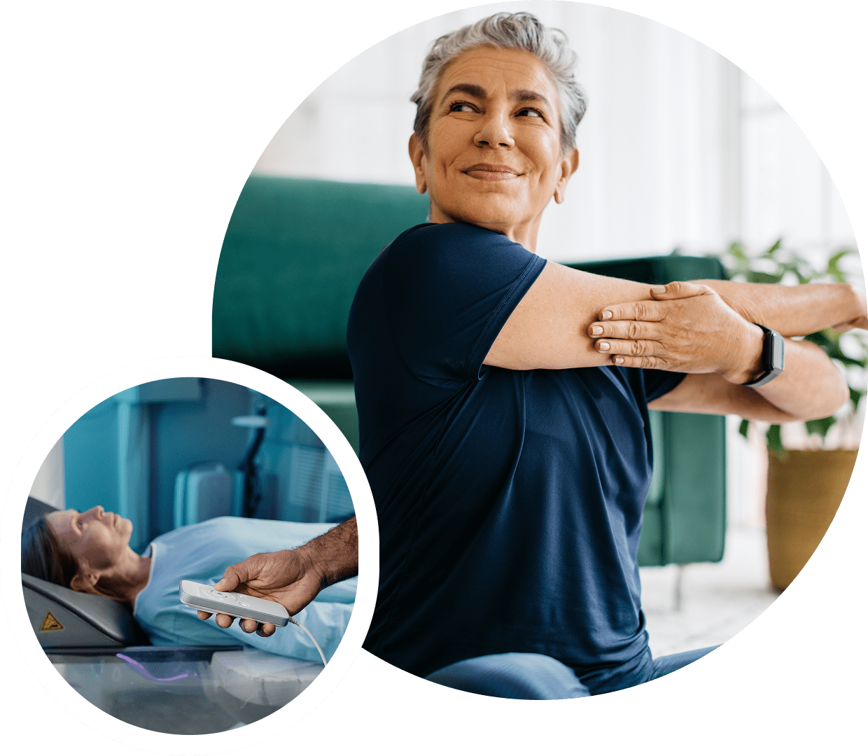 Woman stretching and person using medical device.