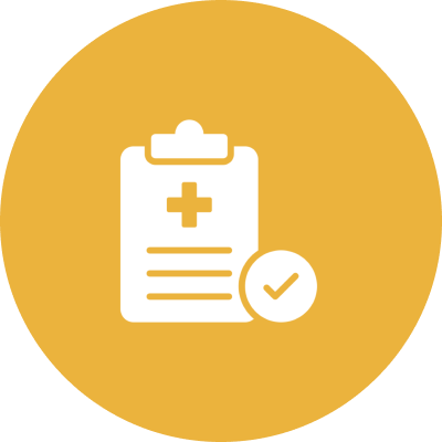 Medical clipboard icon with checkmark on yellow.
