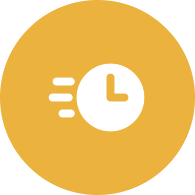 Clock icon with speed lines, yellow background.